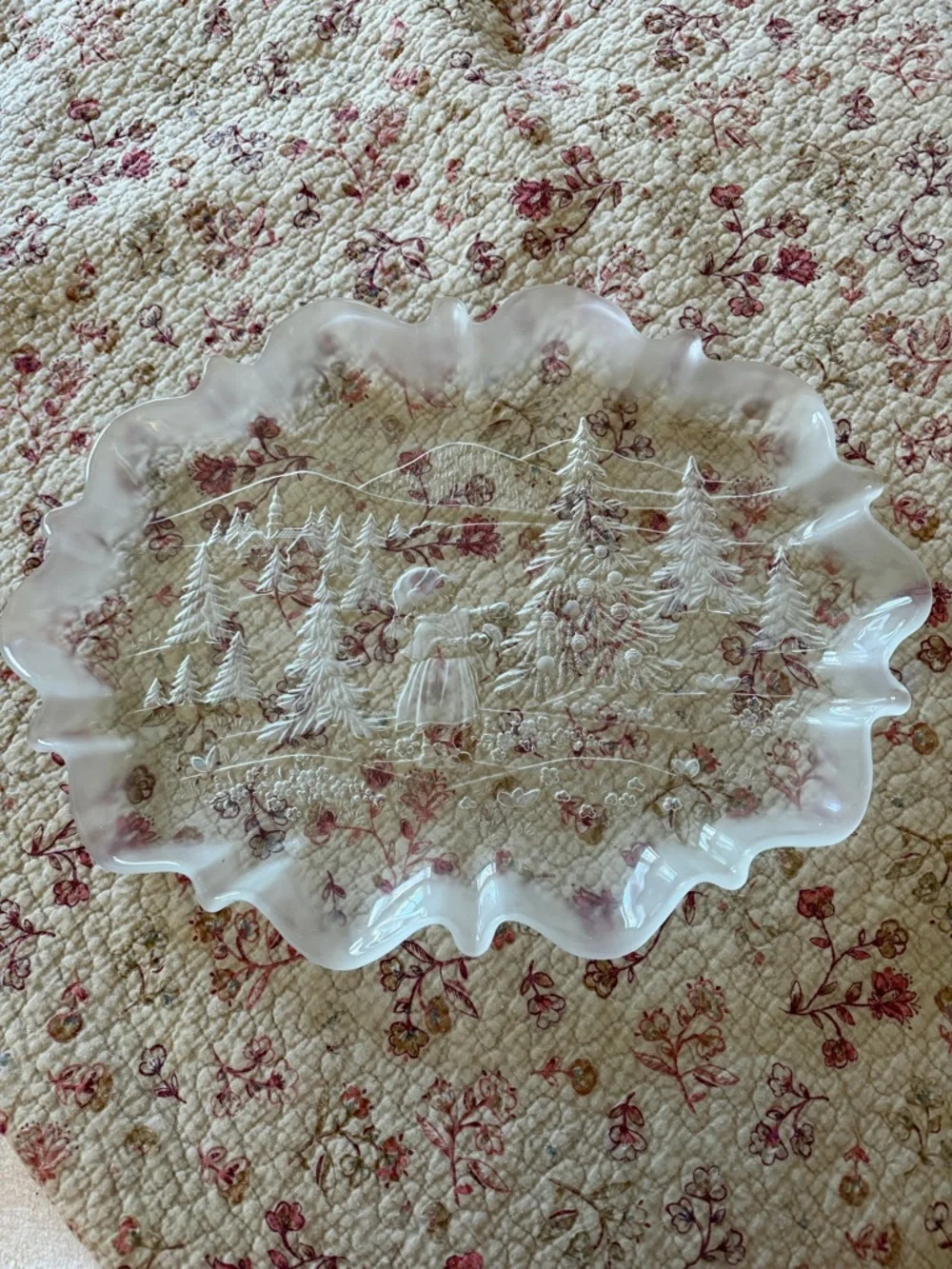 Etched White Milk Glass Scalloped Christmas Serving platter